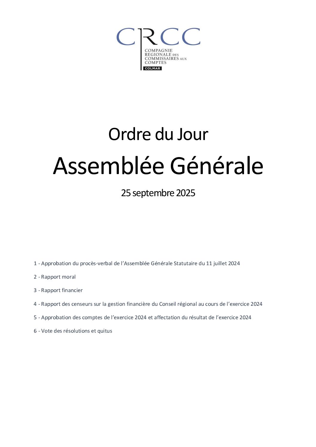 ORDRE DU JOUR – Assemblée Générale 2025