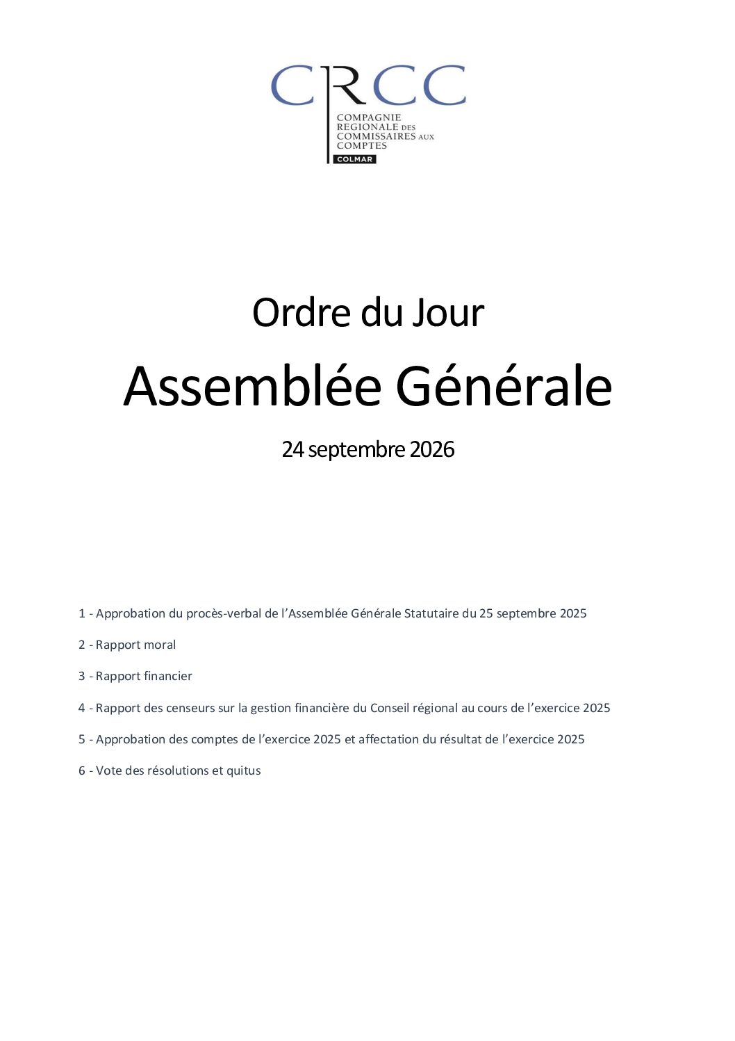 ORDRE DU JOUR – Assemblée Générale 2026